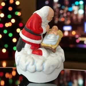 Vintage 1983 Roman Kneeling Santa With Baby Jesus Porcelain Musical